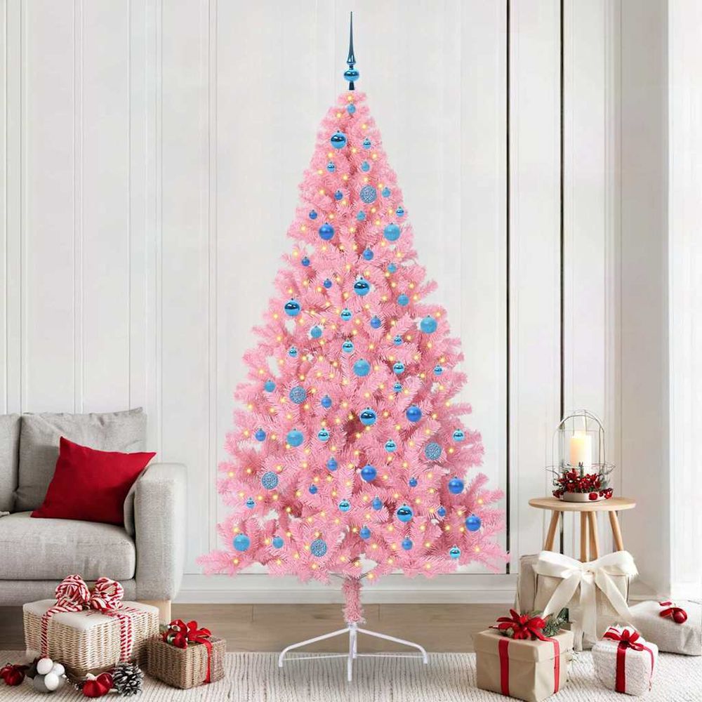 Sapin de noël artificiel 240 cm rose, avec 300 led, 120 boules et cime fournis