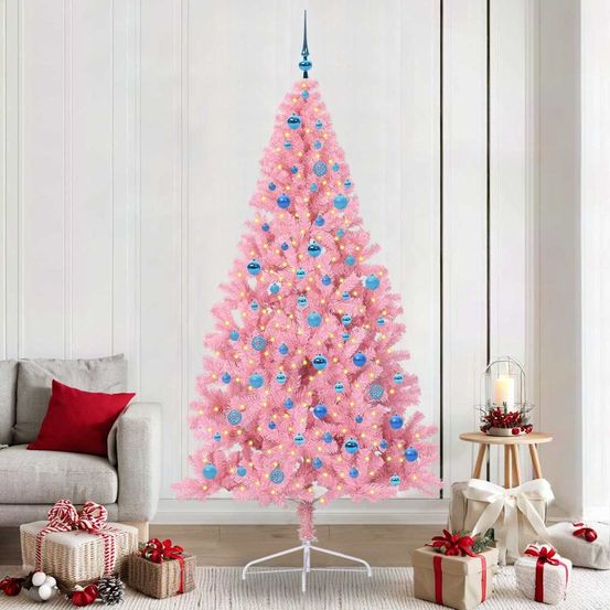 Sapin de noël artificiel 240 cm rose, avec 300 led, 120 boules et cime fournis
