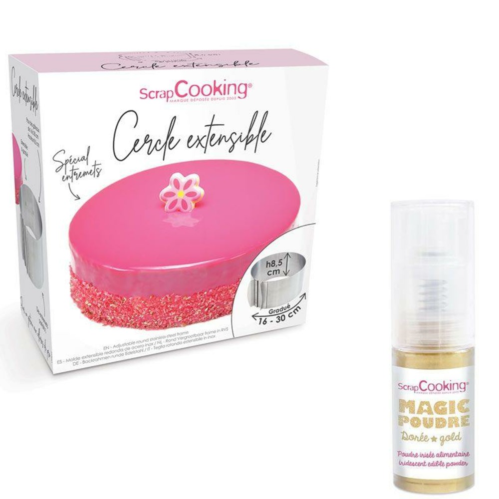 Cadre à pâtisserie extensible rond + 1 poudre alimentaire irisée dorée