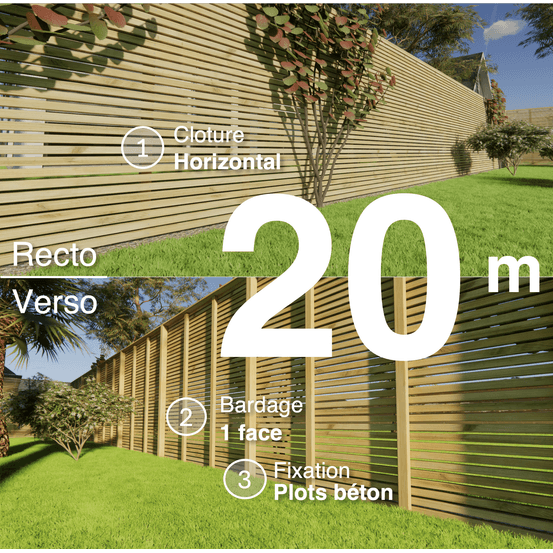 Kit clôture bois moderne 20m – h 2,3m – 45 x 45 mm autoclave – pose horizontal – simple face – à sceller