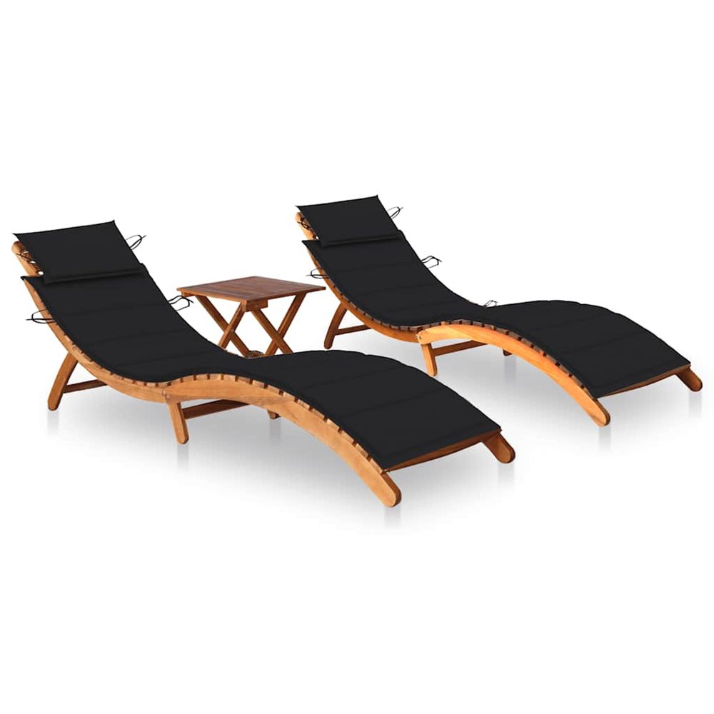 Chaises longues lot de 2 avec table et coussins acacia solide