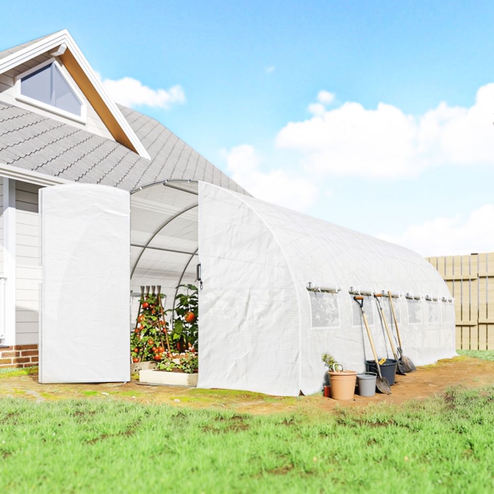 Serre tunnel de jardin acier galvanisé pe blanc 5,97 x 2,95 x 2 m potager porte battante - comfortxl outdoor living