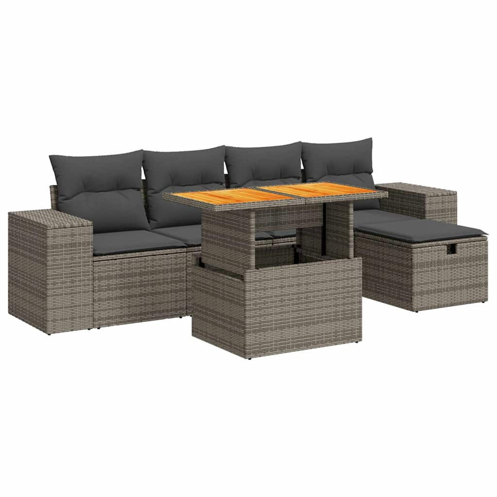 Salon de jardin avec coussins 6 pcs gris résine tressée acacia