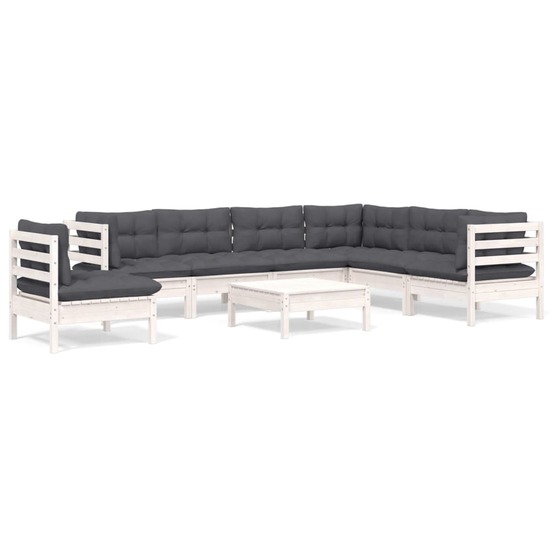 Salon de jardin 8 pcs avec coussins blanc bois de pin massif