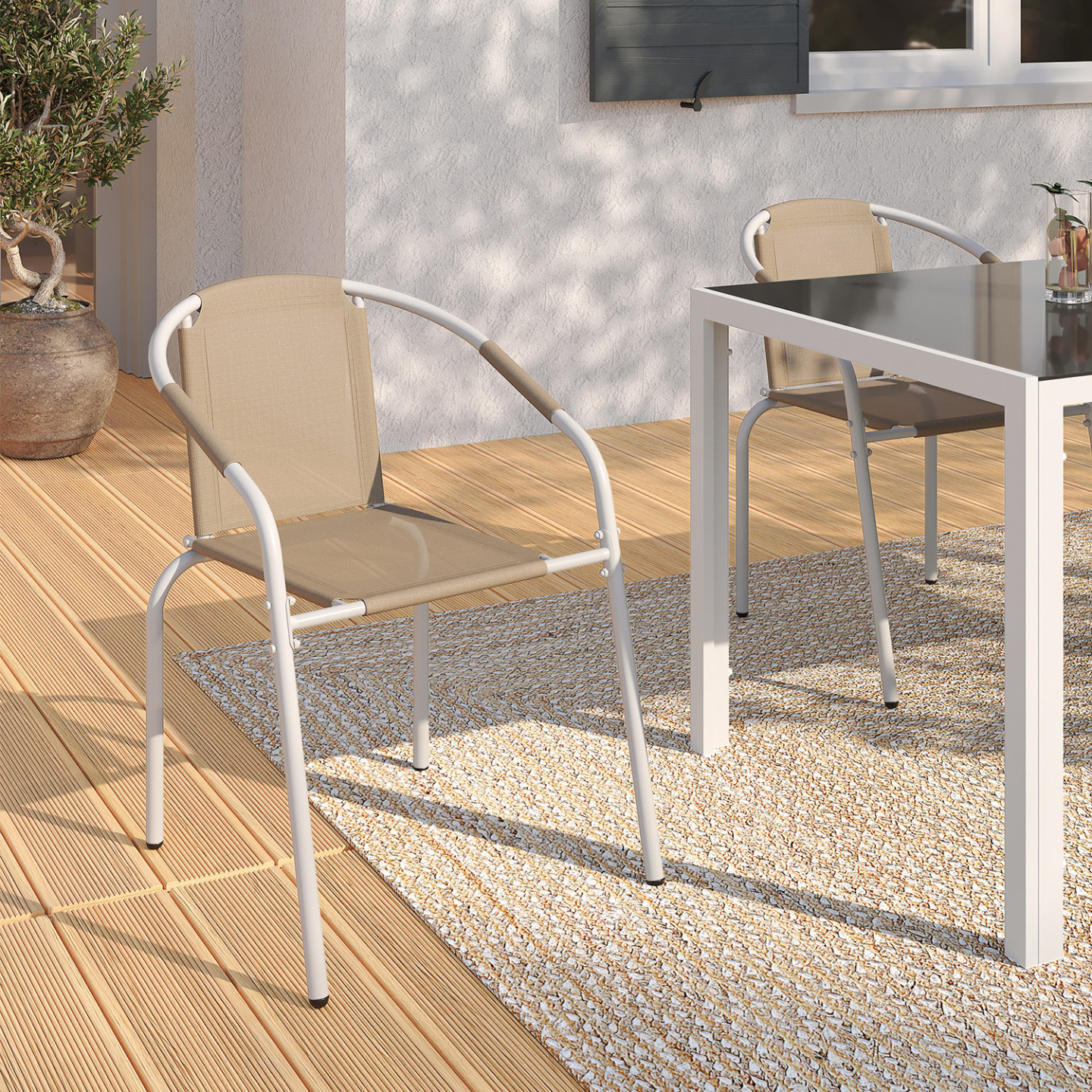 Lot de 4 chaises de jardin thelma métal et textilène empilables blanc et beige