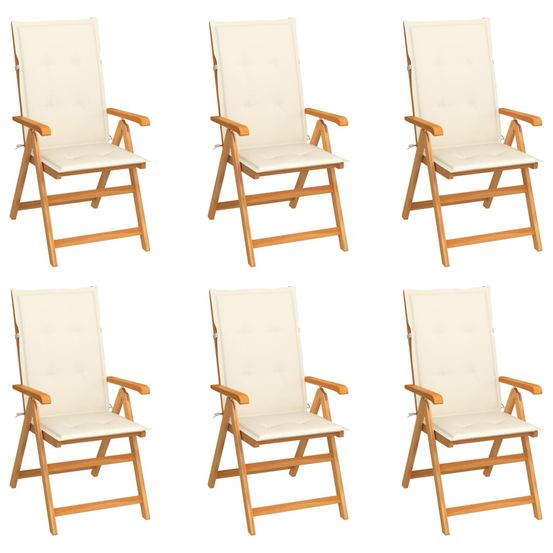 Ensemble de 6 chaises pliantes en teck massif avec coussins crème