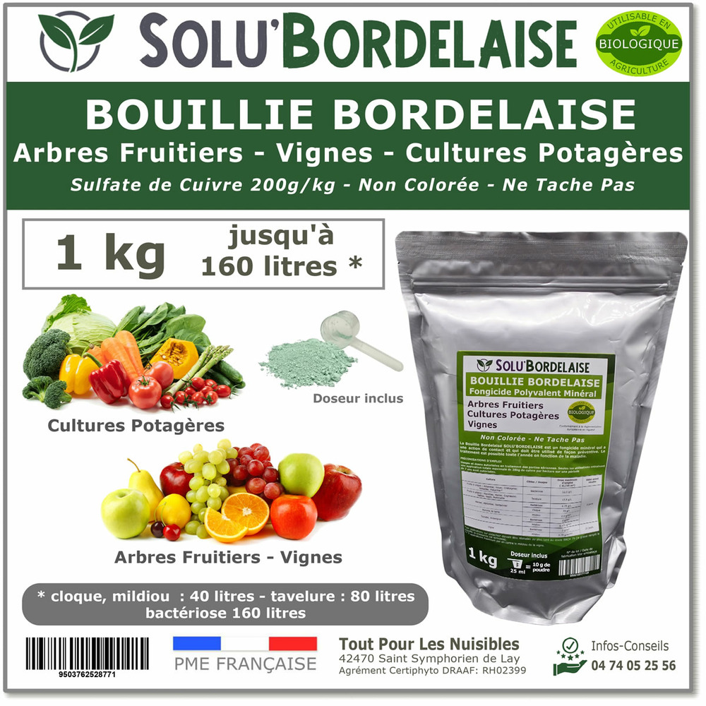 Solu'bordelaise - 1 kg - bouillie bordelaise non colorée - polyvalent sulfate de cuivre -protection arbres fruitier,potagers