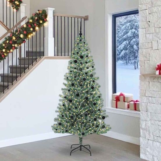 Très grand sapin de noël artificiel 240 cm blanc enneigé, décorations et lumières led fournies