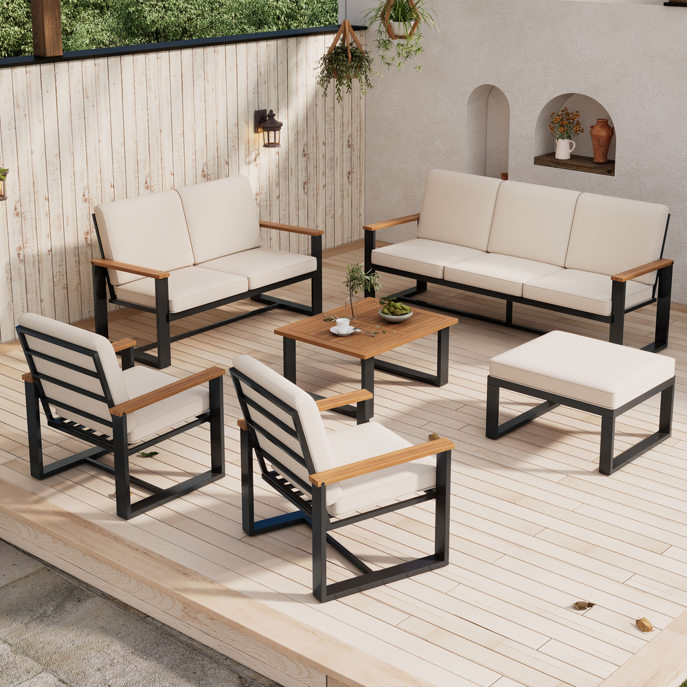Mobilier jardin: chaises longues + canapé 3 pers + canapé 2 pers +2 fauteuils + table basse + repose-pieds, bois acacia beige