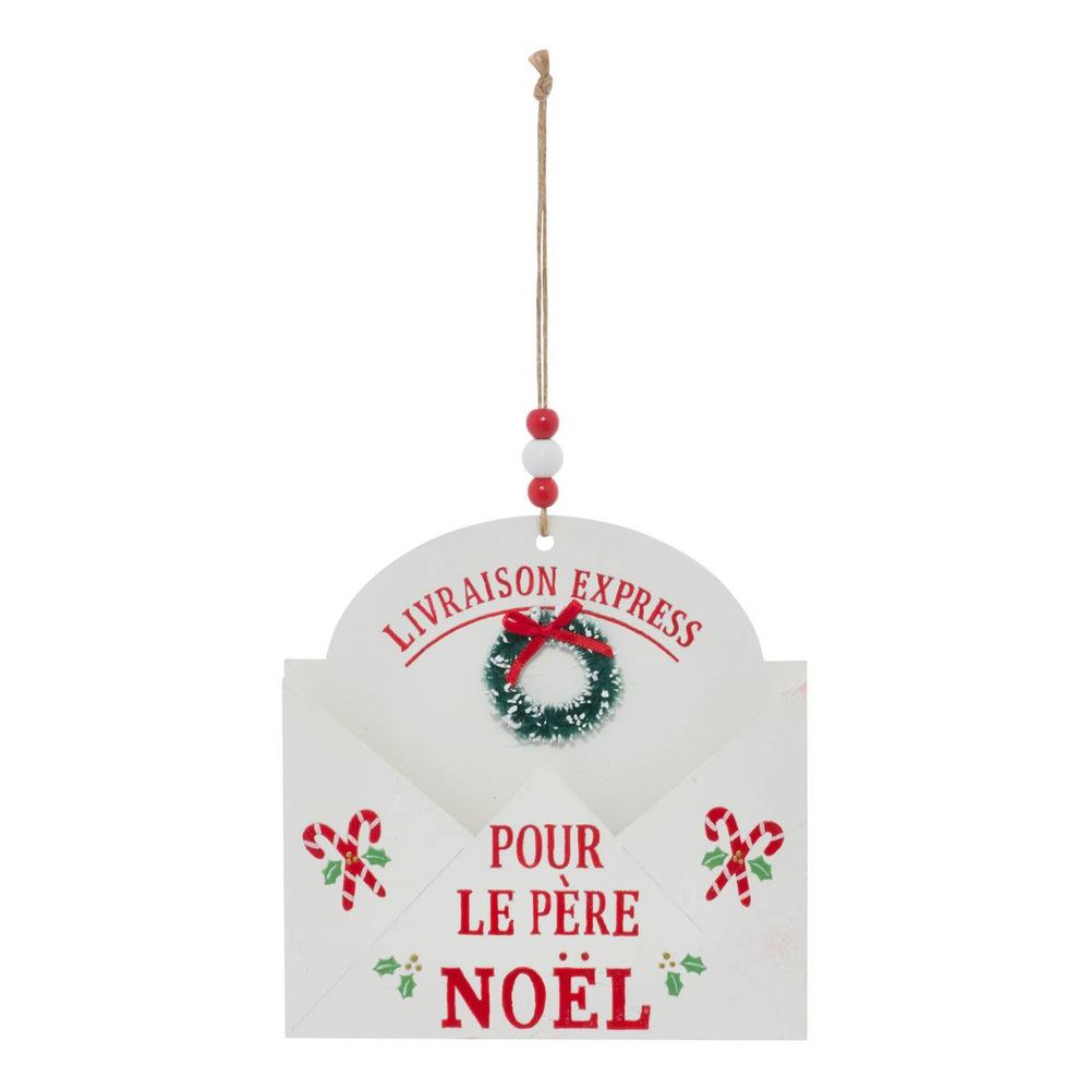 Suspension de sapin lettre père noël en bois rouge et blanc 16 cm