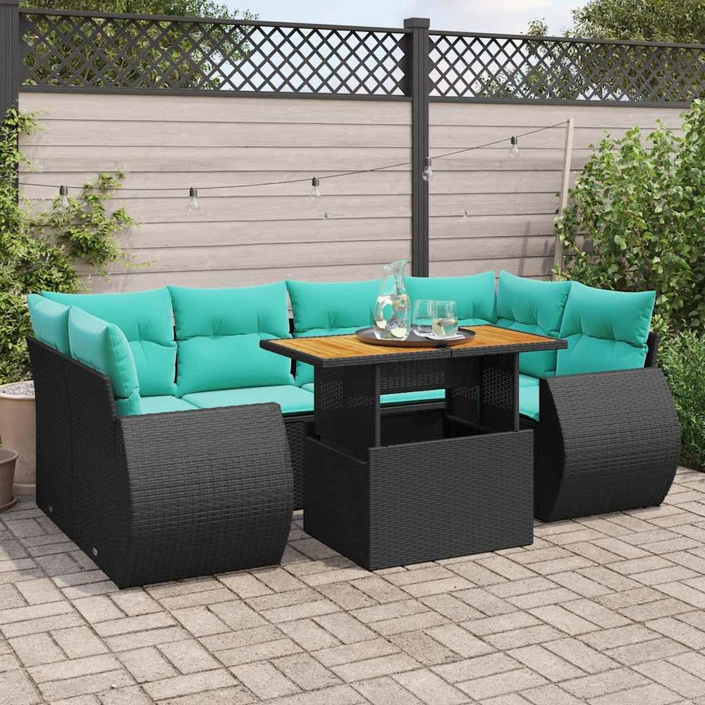 Salon de jardin 7 pcs avec coussins noir résine tressée
