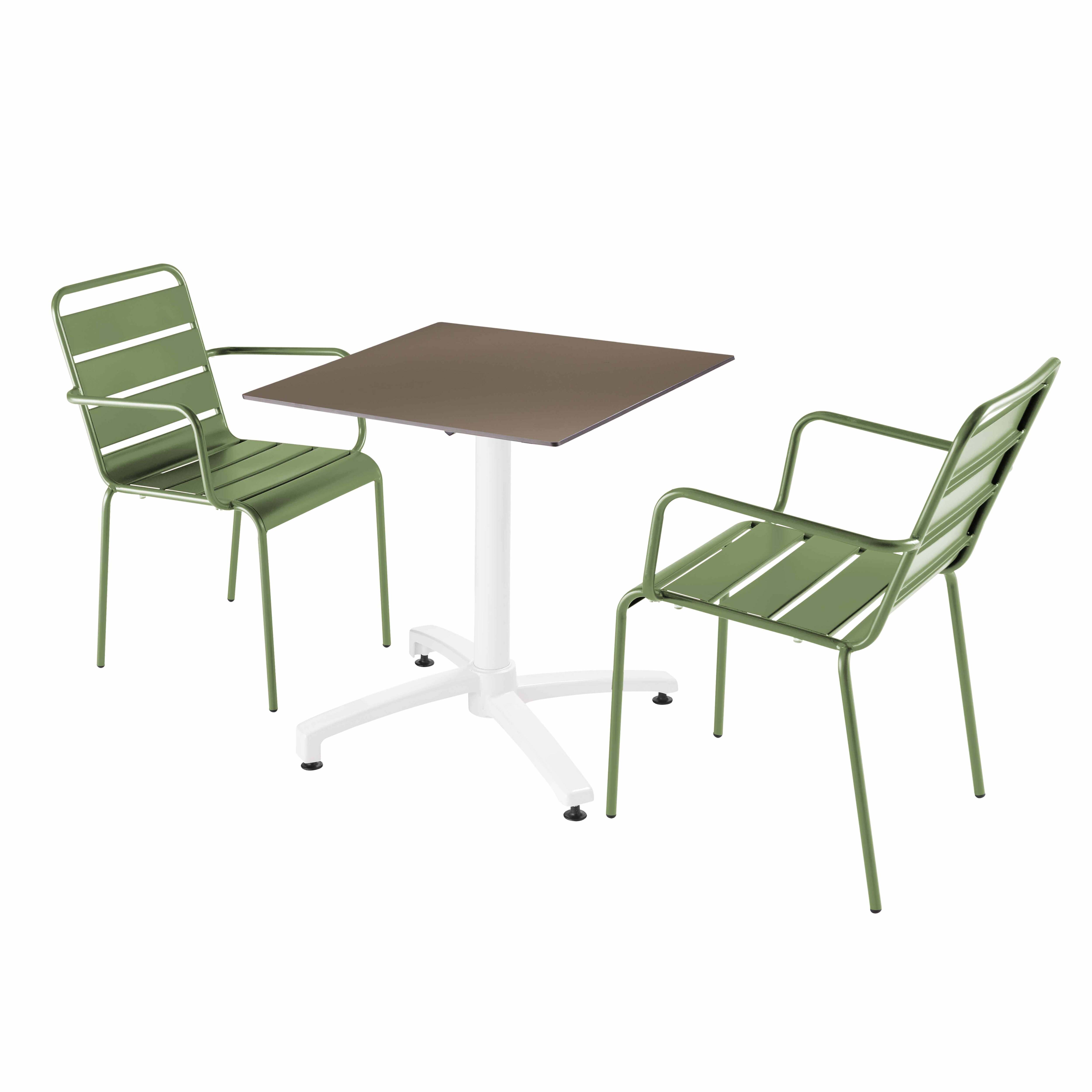 Ensemble table de terrasse stratifié taupe et 2 fauteuils vert cactus