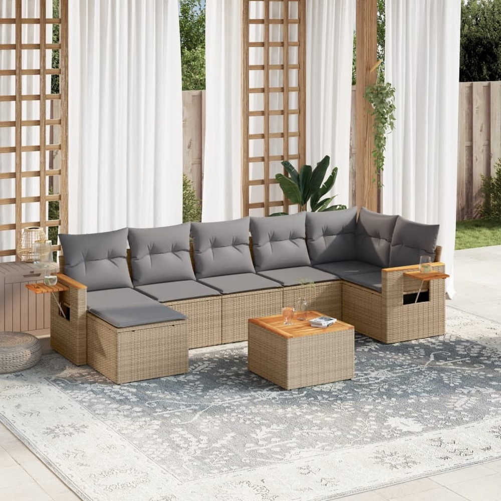Salon de jardin avec coussins 8 pcs beige résine tressée