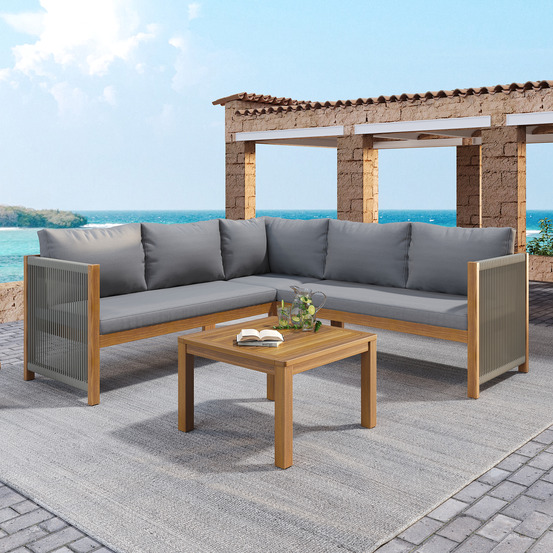 Ensemble de mobilier de jardin, canapé d'angle, table basse, structure en acacia, plateau en acacia, corde tressée, gris