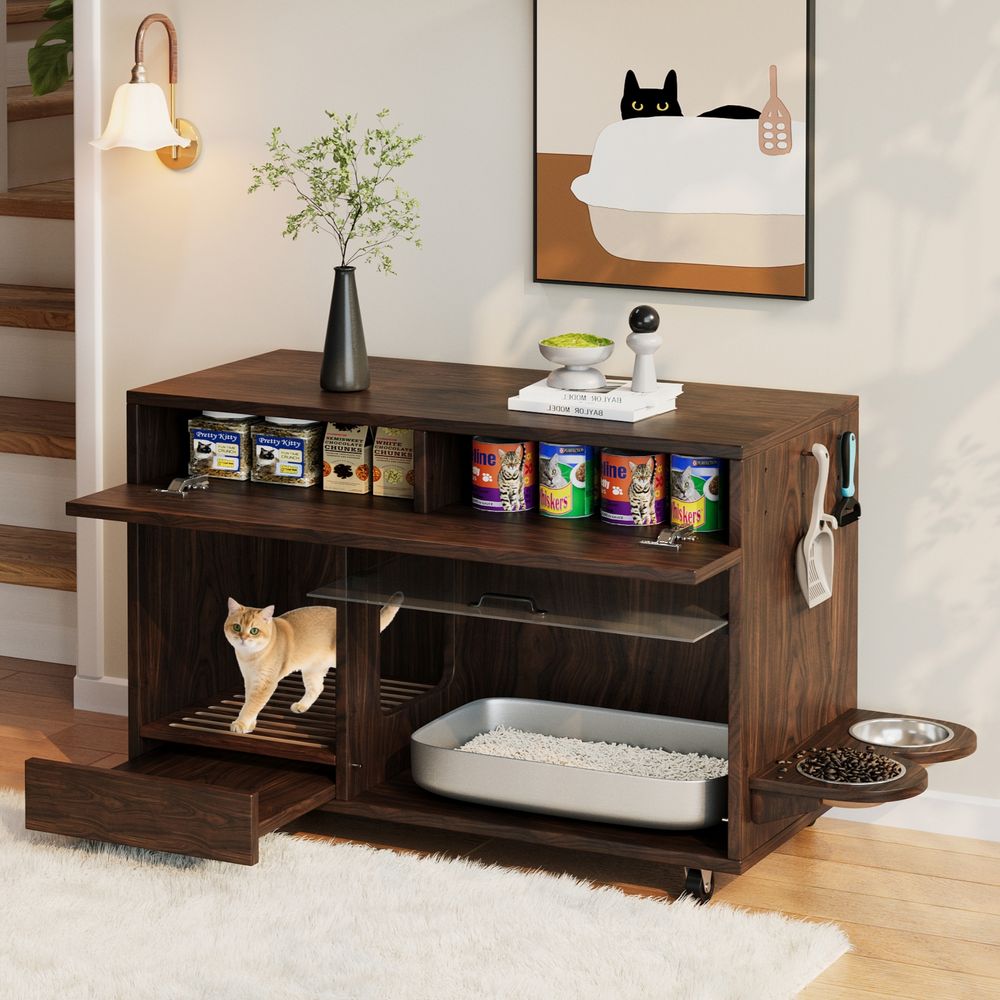 Meuble cache litière chat bois mdf intérieur rangement gamelles noyer 100cm