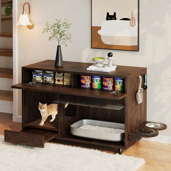Meuble cache litière chat bois mdf intérieur rangement gamelles noyer 100cm
