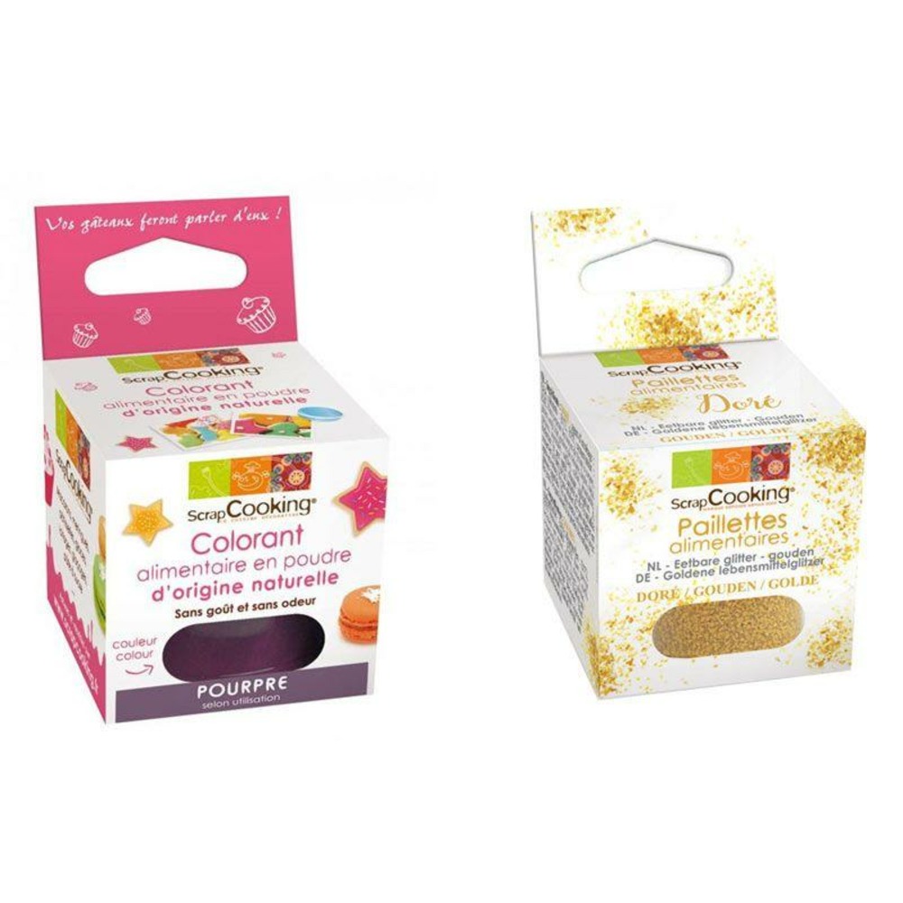 Colorant alimentaire pourpre + paillettes dorées