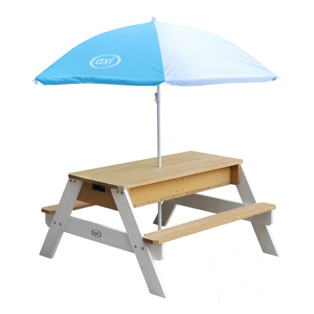 Axi table sable et eau nick brun blanc avec parasol bleu blanc 90x80x56cm