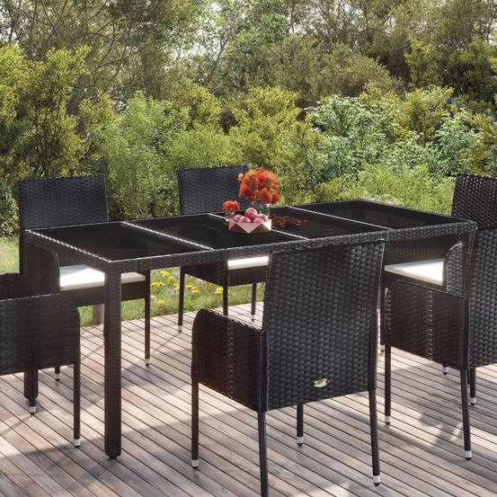 Table de jardin dessus en verre noir 190x90x75cm résine tressée