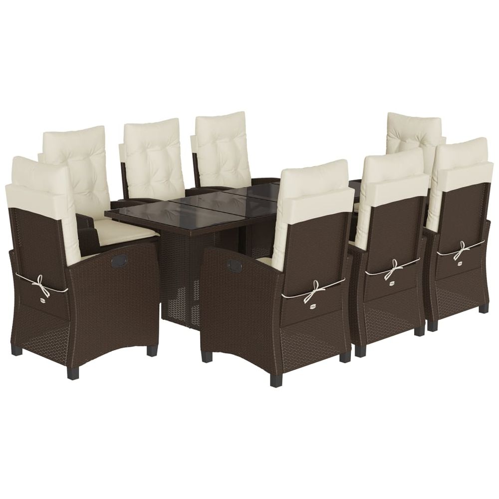 Ensemble à manger de jardin et coussins 9 pcs marron poly rotin