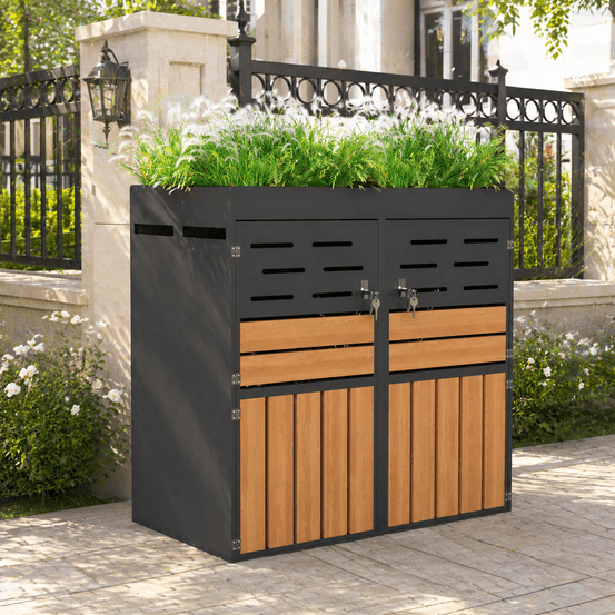 Cache-poubelle double acier galvanisé extérieur avec jardinière intégrée 133x80x128 cm gris - comfortxl outdoor living