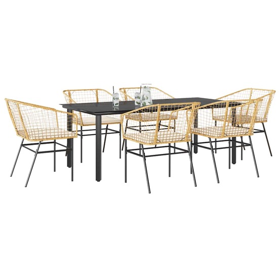 Ensemble à manger jardin coussins 7pcs marron poly rotin verre