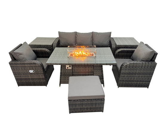 Ensemble de meubles de jardin en polyrotin table de foyer à gaz intérieur extérieur avec 2 tables d'appoint fauteuil tabouret