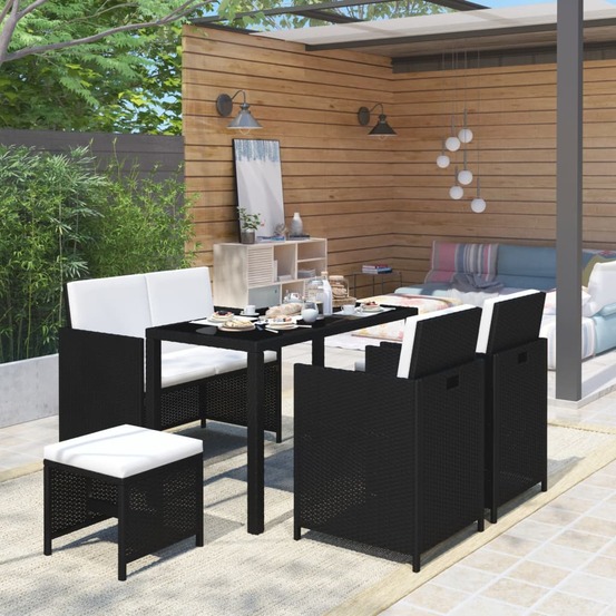 Salon de jardin 6 pcs avec coussins résine tressée noir