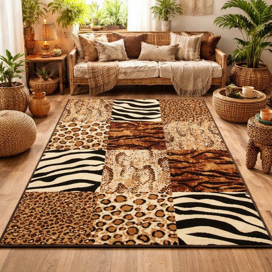 Tapis salon 160x225 tissé beige rectangle motif animaux lyn1 savana
