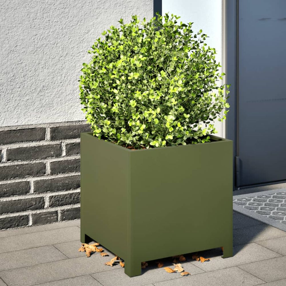 Pot de fleurs carré acier pour jardin balcon vert olive 40cm
