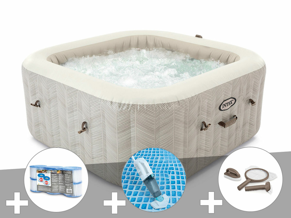 Kit spa gonflable purespa chevron carré bulles 4 places + 6 filtres + aspirateu
