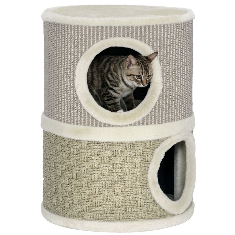 Tonneau à griffer chat 2 niveaux panneauicules repos jeu et griffoir 49cm kaki