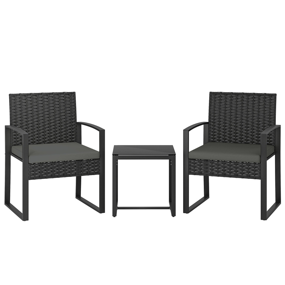 Ensemble bistro rotin 3 pièces : 2 fauteuils de jardin + table basse, coussins amovibles, gris foncé