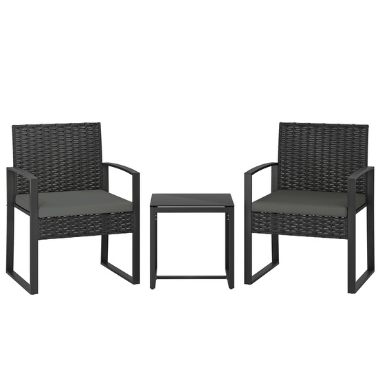 Ensemble bistro rotin 3 pièces : 2 fauteuils de jardin + table basse, coussins amovibles, gris foncé