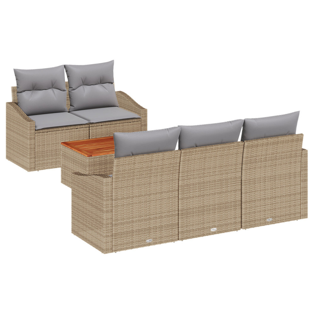 Ensemble de canapés de jardin 6 pièces avec coussins beige en poly rattan acacia