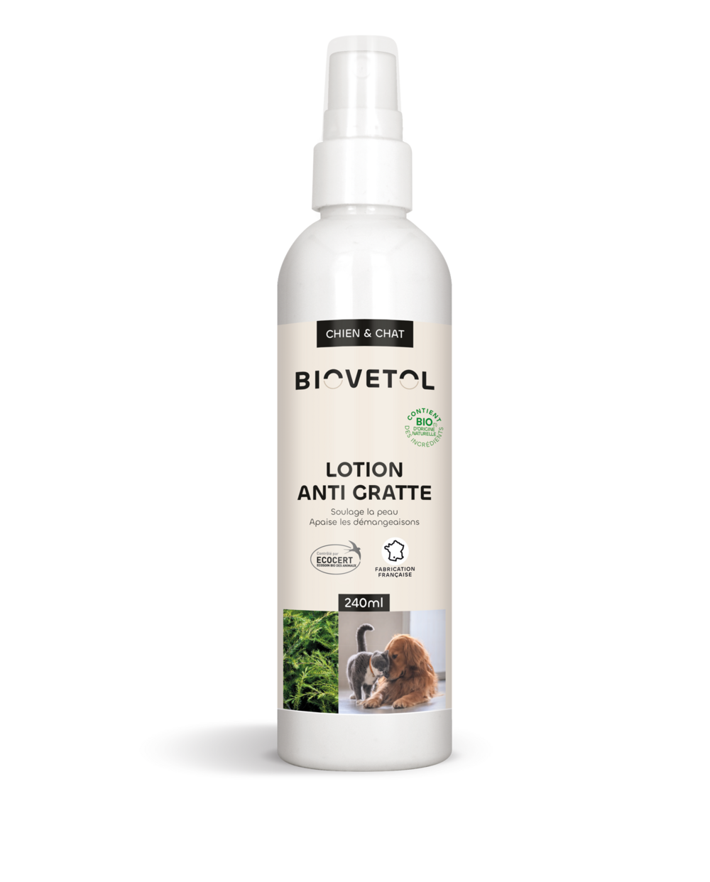 Lotion anti-démangeaisons chien chat - bio certifié ecocert- tous pelages- 240ml