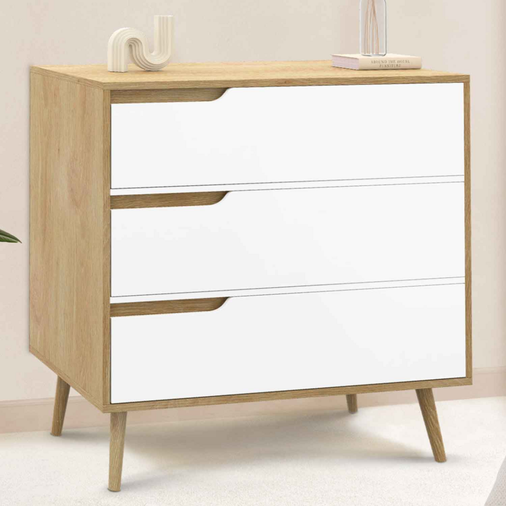 Commode 3 tiroirs helsinki 80 cm scandinave bois et blanc