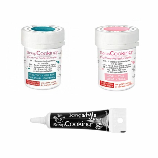 2 colorants alimentaires bleu foncé-rose poudré + stylo glaçage noir