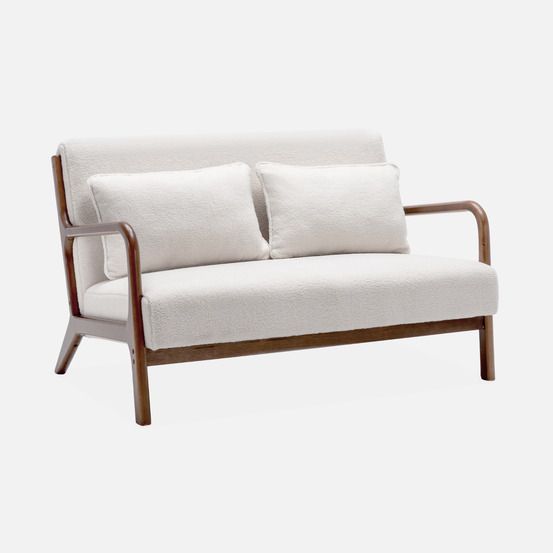 Banquette scandinave 2 places en bois d'hévéa noyer clair et tissu bouclette