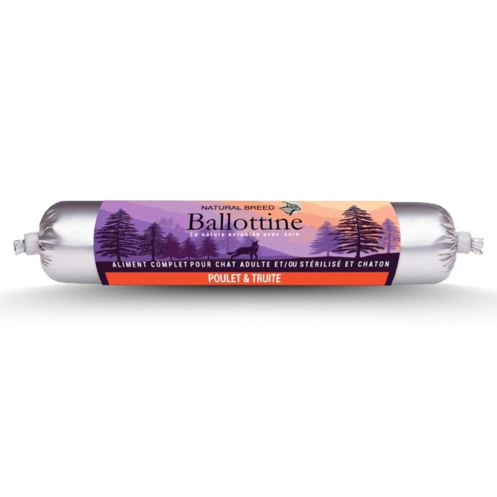 Ballottine fraîche à la truite – saucisse naturelle, repas humide complet pour chat et chaton – 12 x 100 g