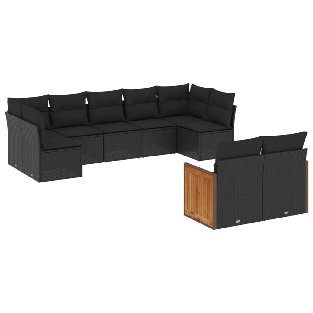 Salon de jardin 9 pcs avec coussins noir résine tressée