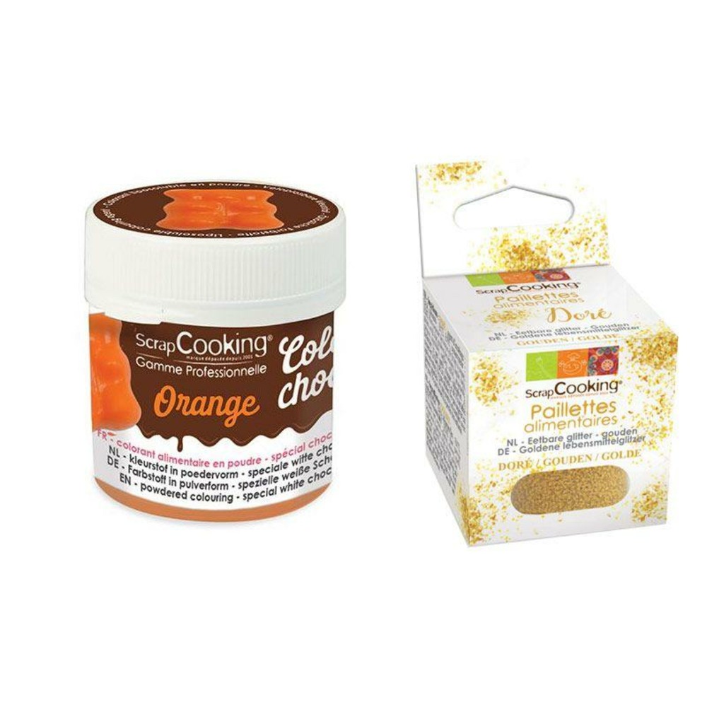 Colorant alimentaire liposoluble orange + paillettes dorées