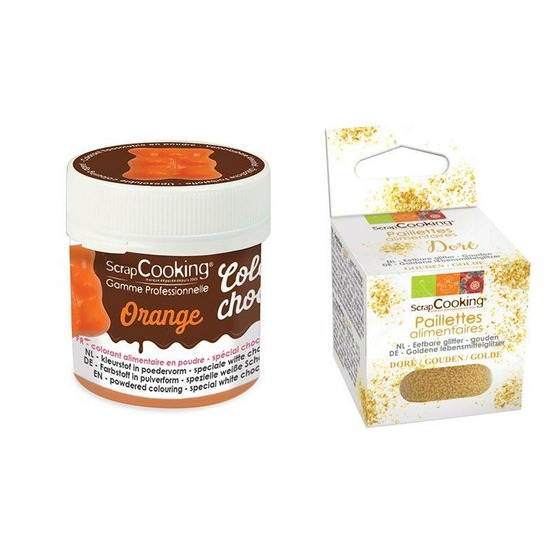 Colorant alimentaire liposoluble orange + paillettes dorées