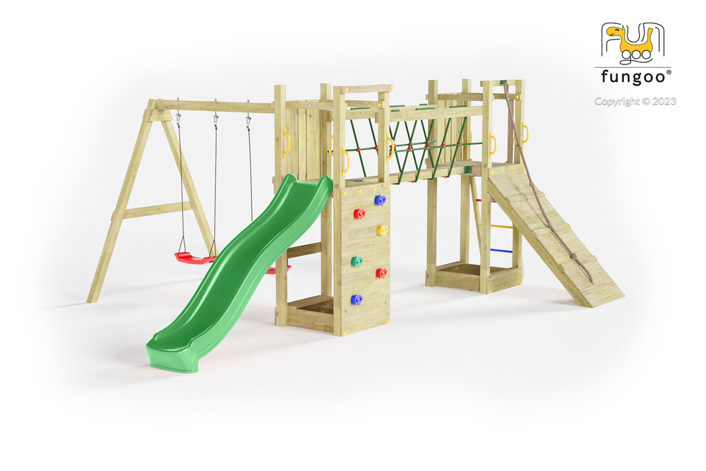 Aire de jeu fungoo funny maxi exposure avec pont et toboggan