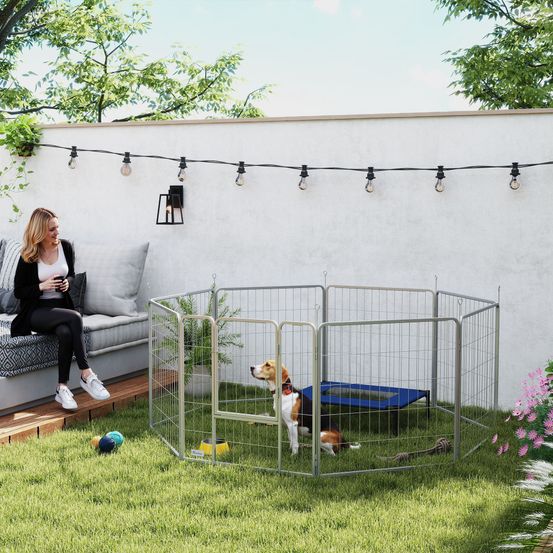 Parc enclos chiot acier argent modulable intérieur extérieur 8 panneaux - comfortxl pet living