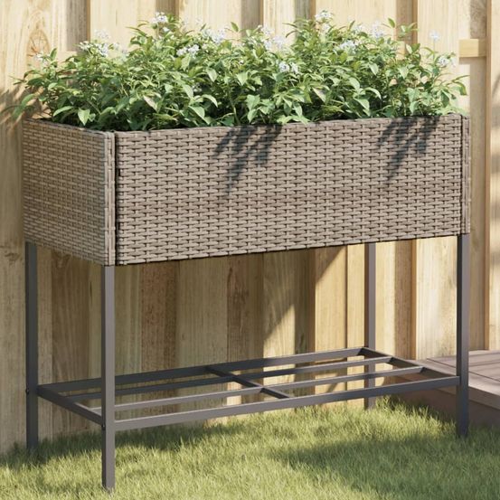 Lot de 2 jardinières hautes résine tressée avec étagère 90x40x75 cm gris