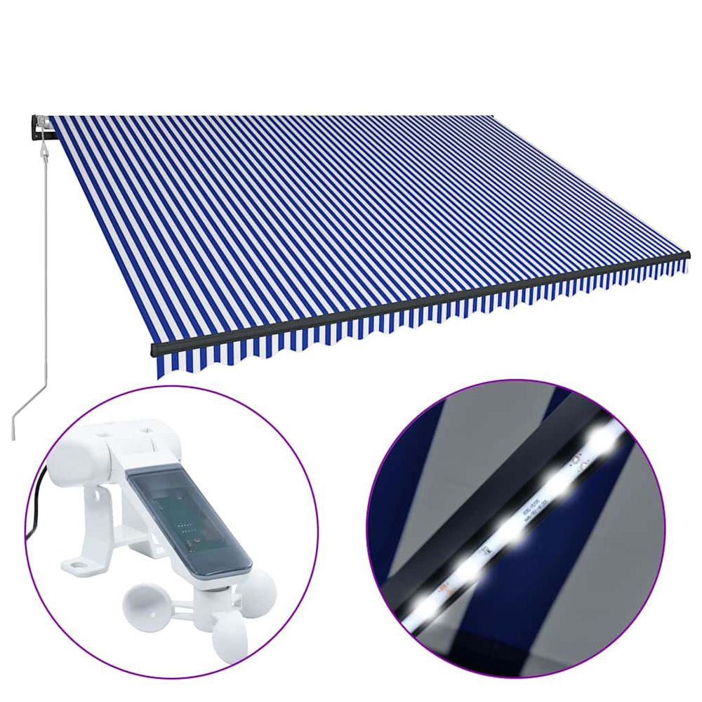 Auvent avec capteur de vent et led 500x300 cm bleu et blanc