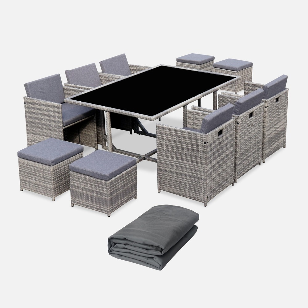 Salon de jardin résine tressée 6-10 places + housse de protection gris foncé polyester
