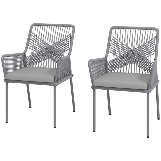 Lot de 2 chaises de jardin en rotin et acier, coussins lavables, accoudoirs et dossier, gris foncé