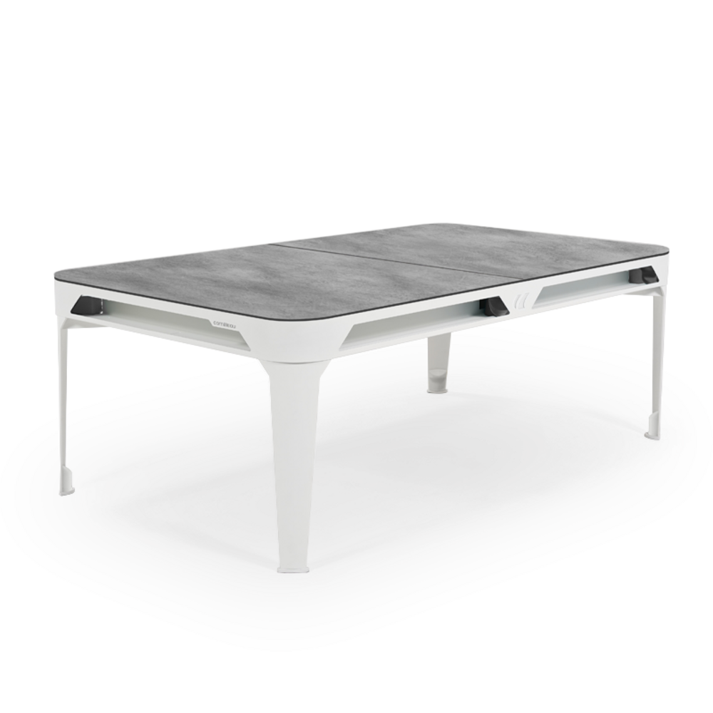 Billard d'extérieur convertible hyphen outdoor blanc / tapis gris clair / réceptacles : blanc polaire / plateaux : décor minéral